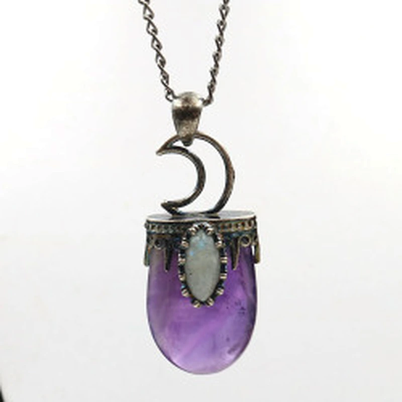 Wollet Vintage Natural Glitter Stone Moon Amethyst Pendant Necklace