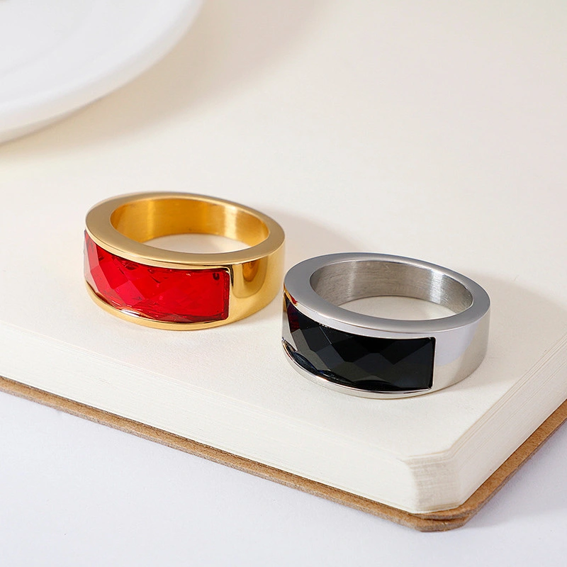 Wollet Classic Retro Multicolor Wedding Ring Crystal Glass Stainless Steel Ring