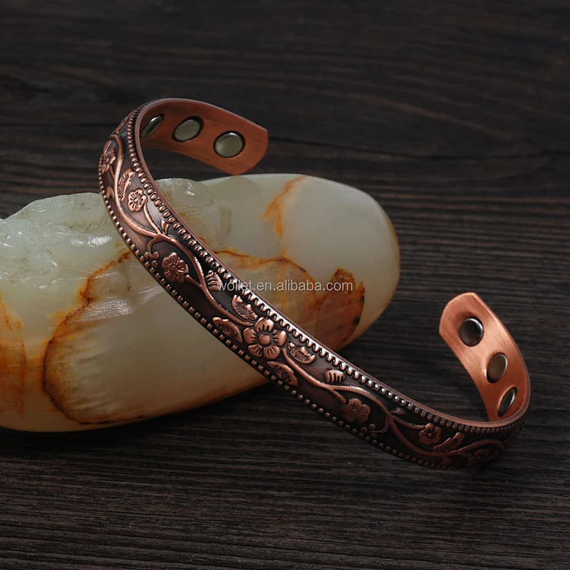 Hot sales wholesale pretty energy magnetic bright yellow copper bracelet with flower pattern