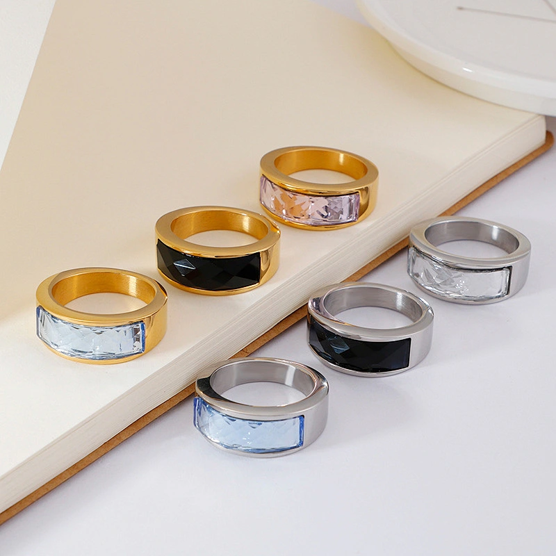 Wollet Classic Retro Multicolor Wedding Ring Crystal Glass Stainless Steel Ring