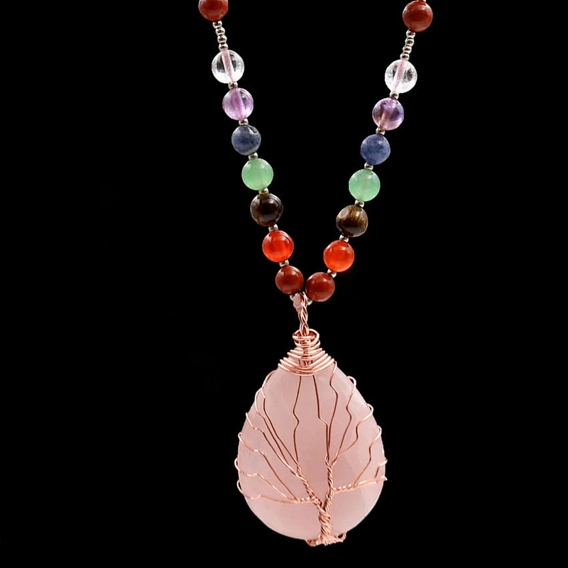 Wollet Natural Pink Crystal Rose Gold Winding Water Drops Tree of Life Pendant