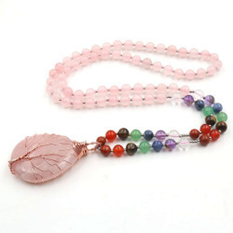 Wollet Natural Pink Crystal Rose Gold Winding Water Drops Tree of Life Pendant