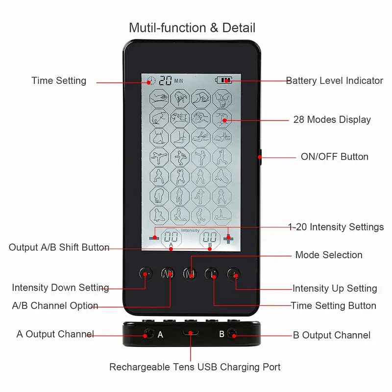 Wollet Tens Unit Machine Pulse Massage 28 Massage Modes Rechargeable Pain Relief Muscle Stimulator Massager with 4 Pads
