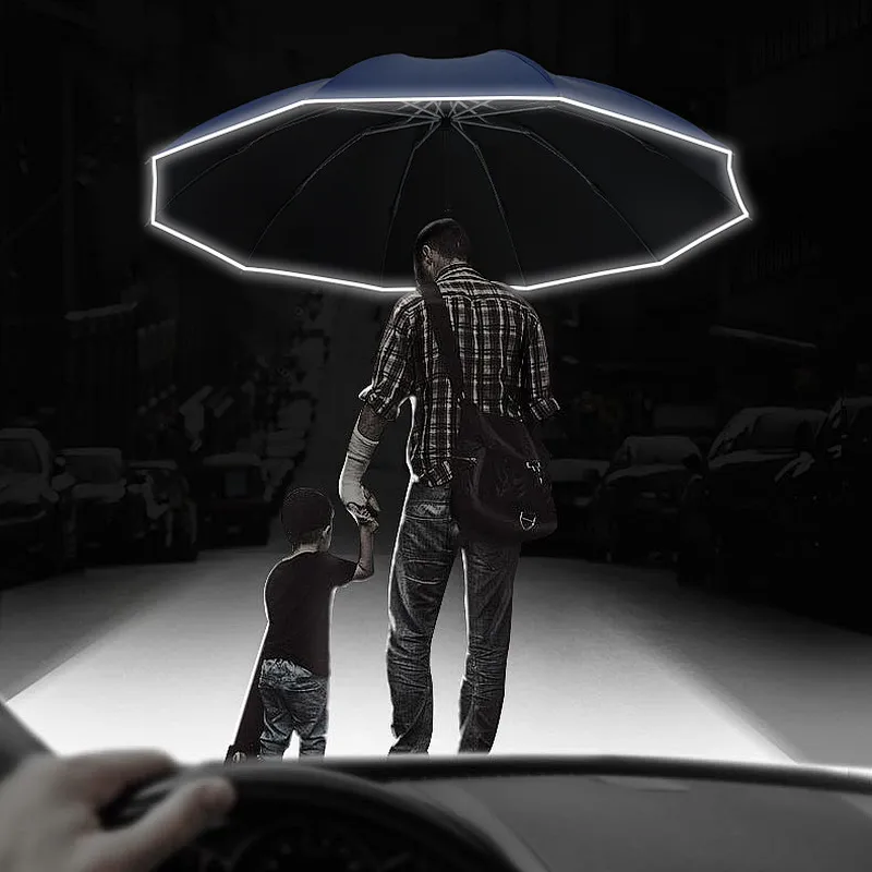 Wollet LED Light Fully Automatic Reverse Folding Umbrella with Night Reflective Strip