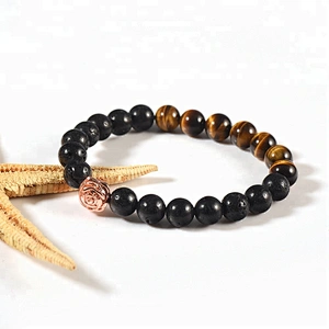 Wollet Fashion Lava Stone Tiger Eye Stone Pure Copper Flower Bead Bracelet