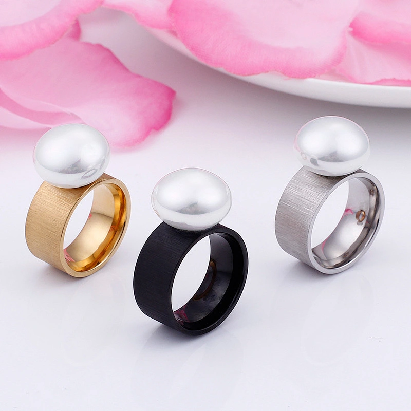 Wollet New Fashion Simple 10mm Pearl Gold Plating Stainless Steel Ring