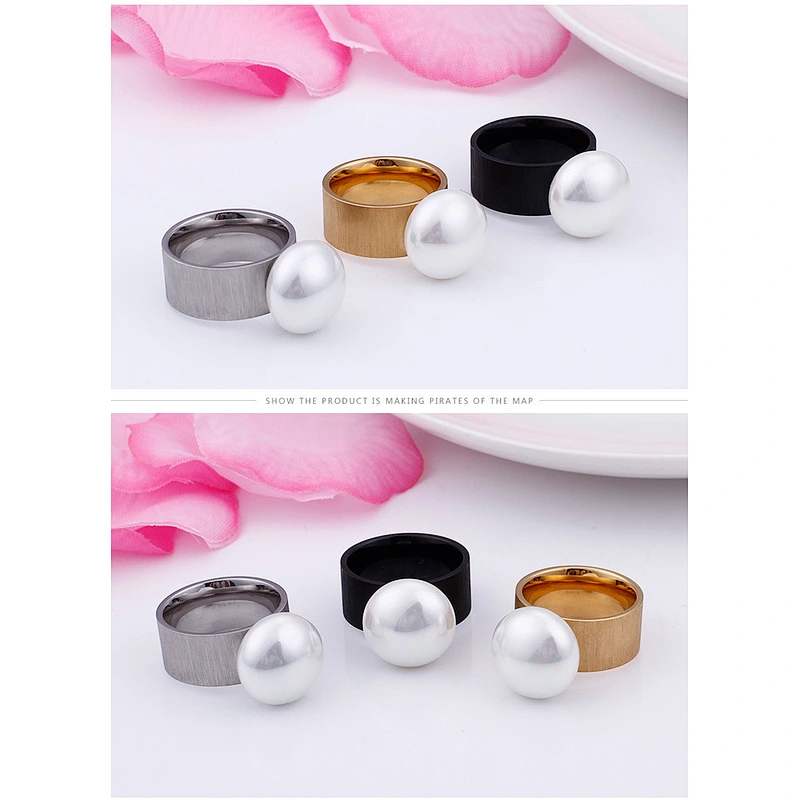Wollet New Fashion Simple 10mm Pearl Gold Plating Stainless Steel Ring