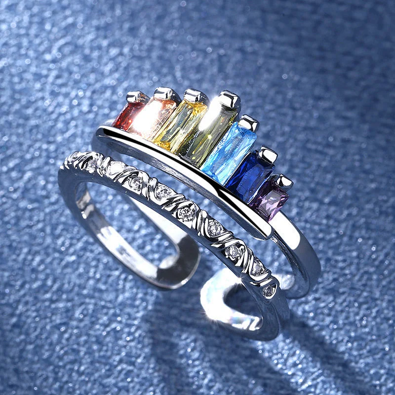 Wollet New Fashionable Open Zircon Rainbow Crown Adjustable Copper Ring