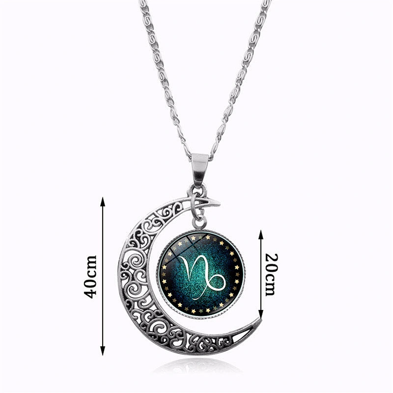 Wollet Fashion Bead Pendant Necklace Astrology Galaxy Crescent Moon Glass 12 Zodiac Necklace