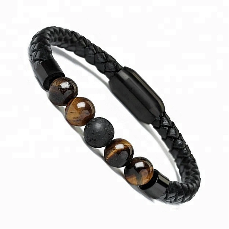 Wollet Lava Rock Tiger Eye And Magnetic Clasp Genuine Leather Bracelet For Men