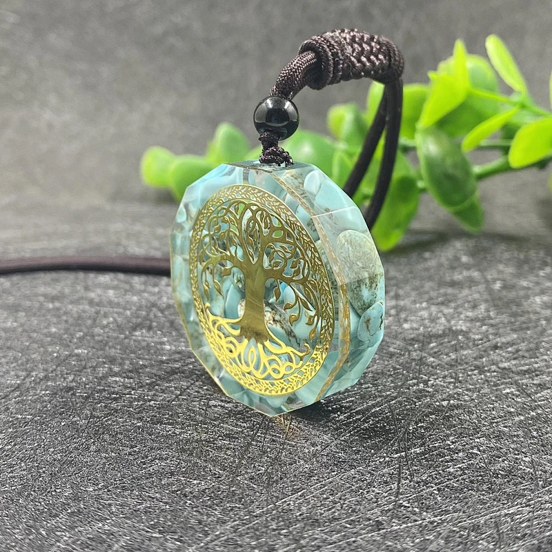 Wollet Natural Turquoise Crystal Resin Ogan Energy Tree of Life Seven Chakra Pendant
