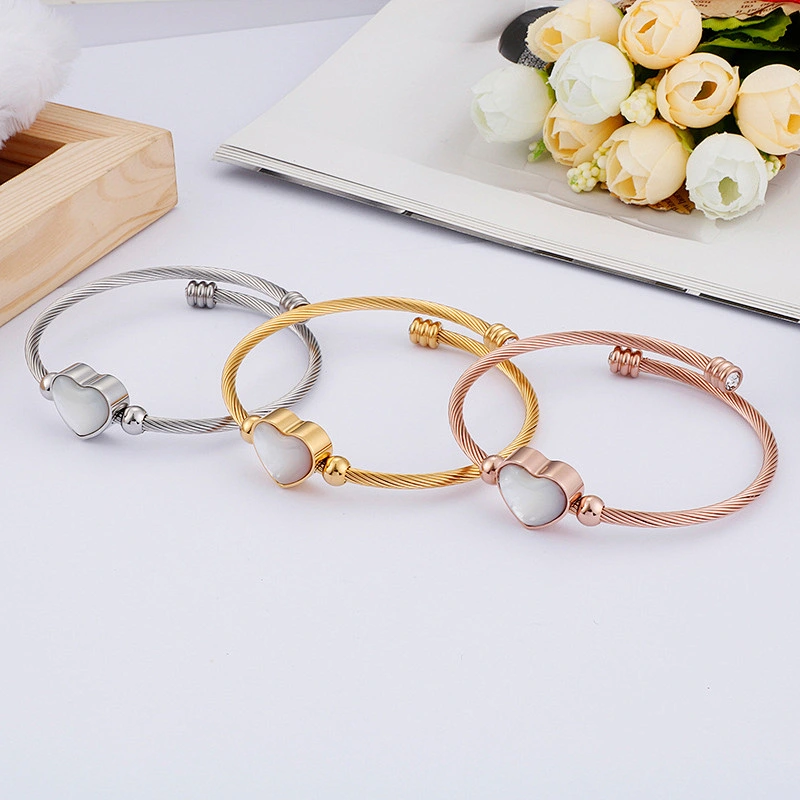 Wollet Fashion Women'S Bangle Heart-Shaped Shell Stainless Steel Wire Braided Bracelet