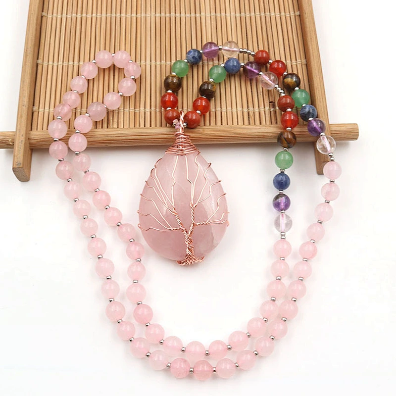 Wollet Natural Pink Crystal Rose Gold Winding Water Drops Tree of Life Pendant