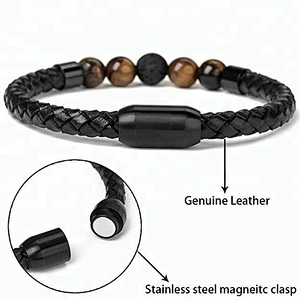 Wollet Lava Rock Tiger Eye And Magnetic Clasp Genuine Leather Bracelet For Men