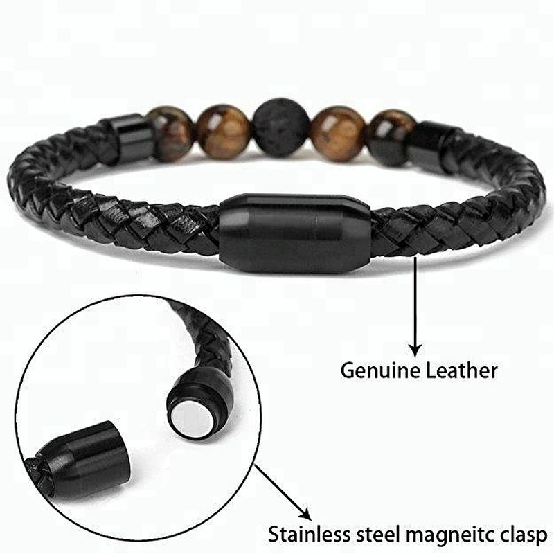 Wollet Lava Rock Tiger Eye And Magnetic Clasp Genuine Leather Bracelet For Men