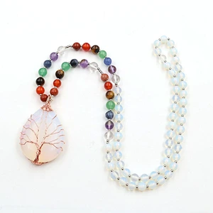 Wollet New Opal Rose Gold Winding Tree of Life Colorful Chakra Bead Chain Pendant