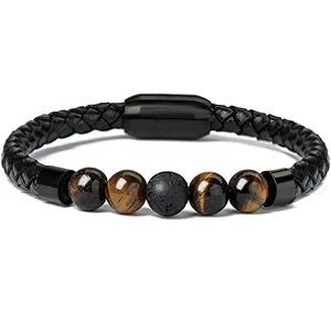 Wollet Lava Rock Tiger Eye And Magnetic Clasp Genuine Leather Bracelet For Men