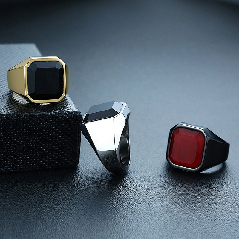 Wollet new style stainless steel black agate ring men's ring