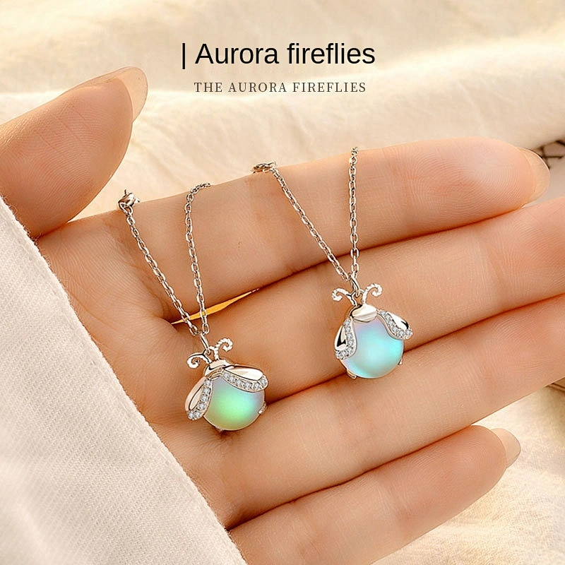 Wollet Colorful Moonstone Insect Women's Pendant Clavicle Chain S925 Silver Firefly Necklace