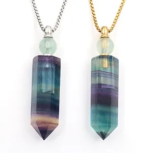 Wollet Natural Color Fluorite Hexagonal Pillar Essential Oil Perfume Bottle Pendant Necklace