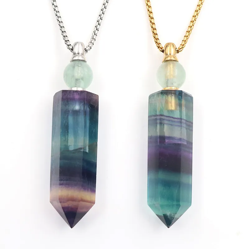 Wollet Natural Color Fluorite Hexagonal Pillar Essential Oil Perfume Bottle Pendant Necklace