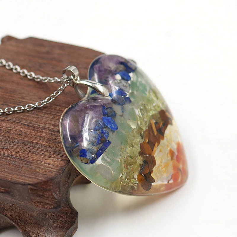 Wollet Colorful Chakra Energy Natural Crystal Crushed Stone Peach Heart Pendant