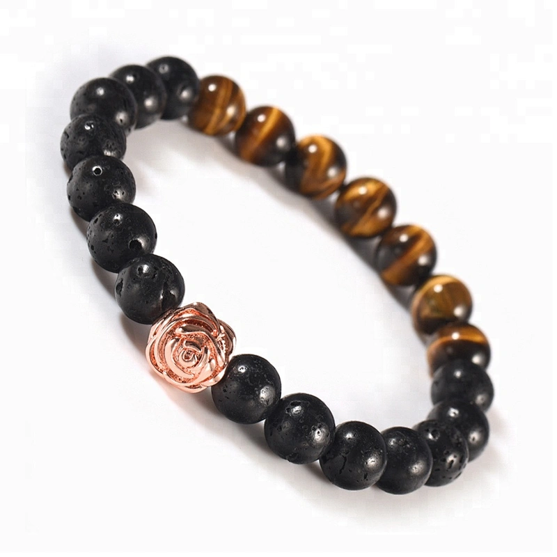 Wollet Fashion Lava Stone Tiger Eye Stone Pure Copper Flower Bead Bracelet