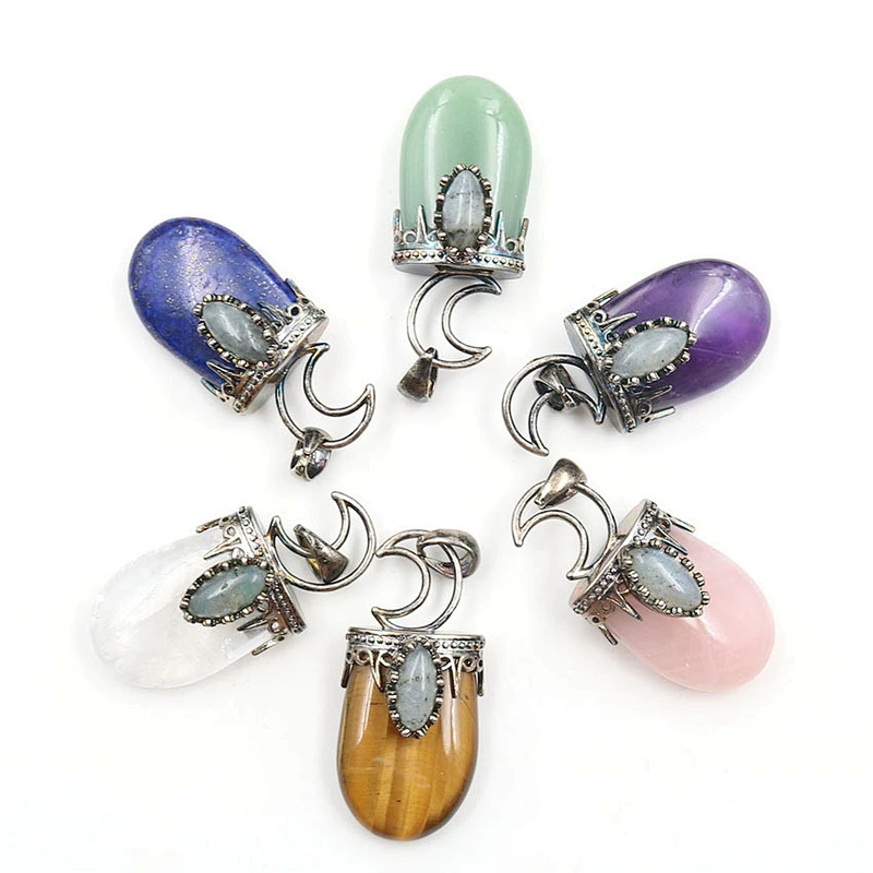 Wollet Vintage Natural Glitter Stone Moon Amethyst Pendant Necklace