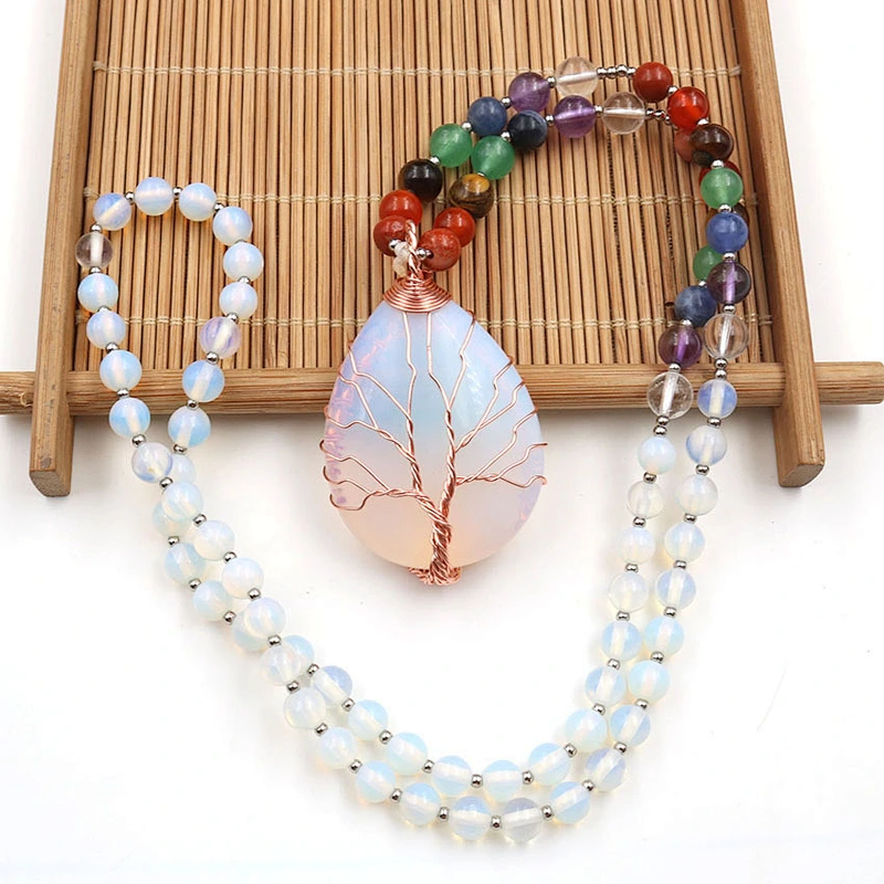 Wollet New Opal Rose Gold Winding Tree of Life Colorful Chakra Bead Chain Pendant