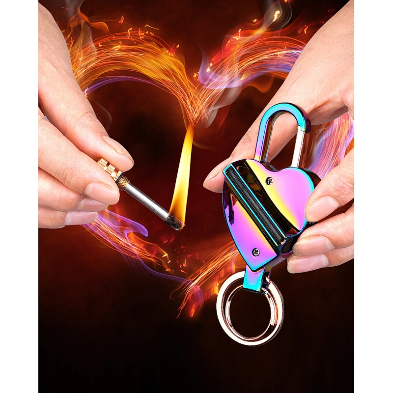Wollet New Heart-shaped Design LED Light Flint Lighter Keyring Ring Gas Keychain Lighter