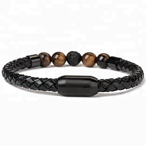 Wollet Lava Rock Tiger Eye And Magnetic Clasp Genuine Leather Bracelet For Men