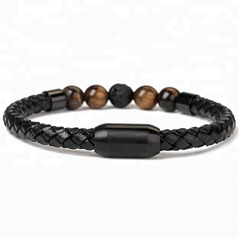 Wollet Lava Rock Tiger Eye And Magnetic Clasp Genuine Leather Bracelet For Men
