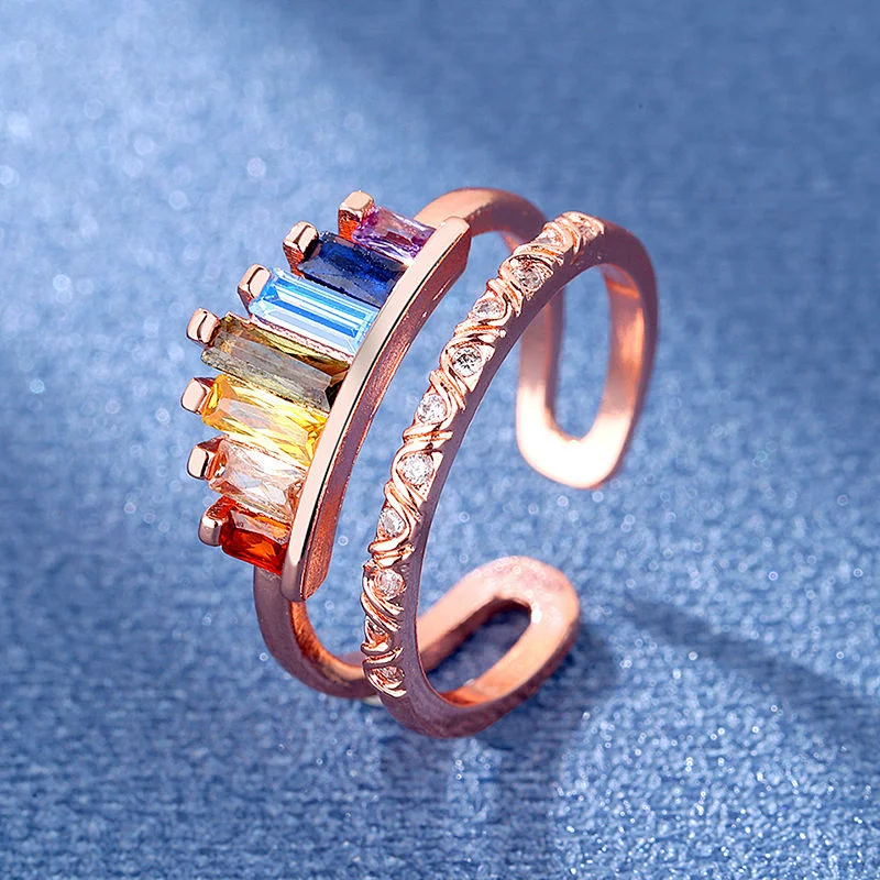 Wollet New Fashionable Open Zircon Rainbow Crown Adjustable Copper Ring