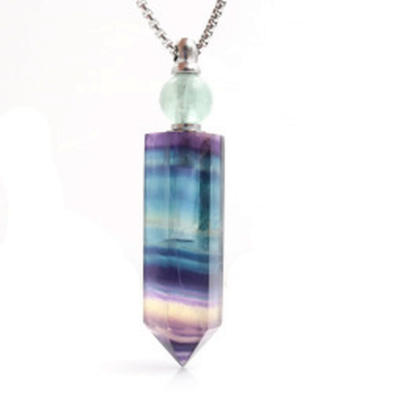 Wollet Natural Color Fluorite Hexagonal Pillar Essential Oil Perfume Bottle Pendant Necklace