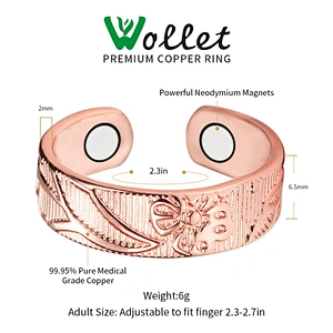 Wollet Magnetic Copper Ring Arthritis Women Pure Copper Rings for Women Adjustable Health with 3PCS Magnets