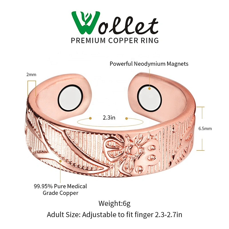 Wollet Magnetic Copper Ring Arthritis Women Pure Copper Rings for Women Adjustable Health with 3PCS Magnets