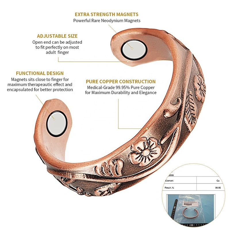 Wollet Magnetic Copper Ring Arthritis Women Pure Copper Rings for Women Adjustable Health with 3PCS Magnets