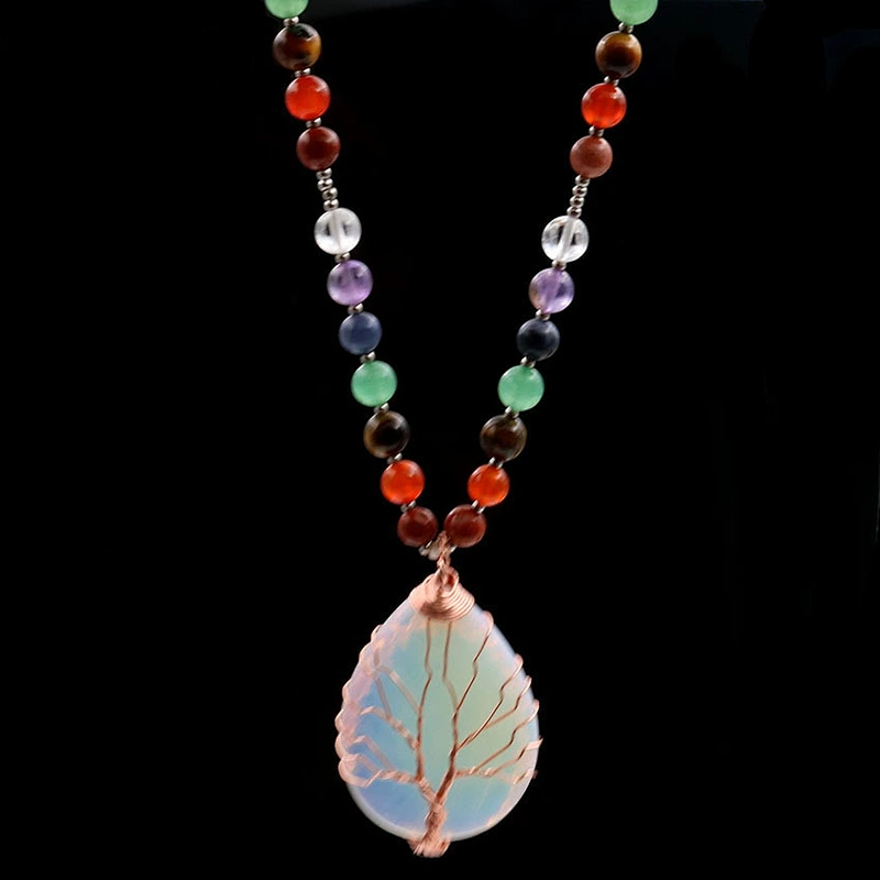 Wollet New Opal Rose Gold Winding Tree of Life Colorful Chakra Bead Chain Pendant