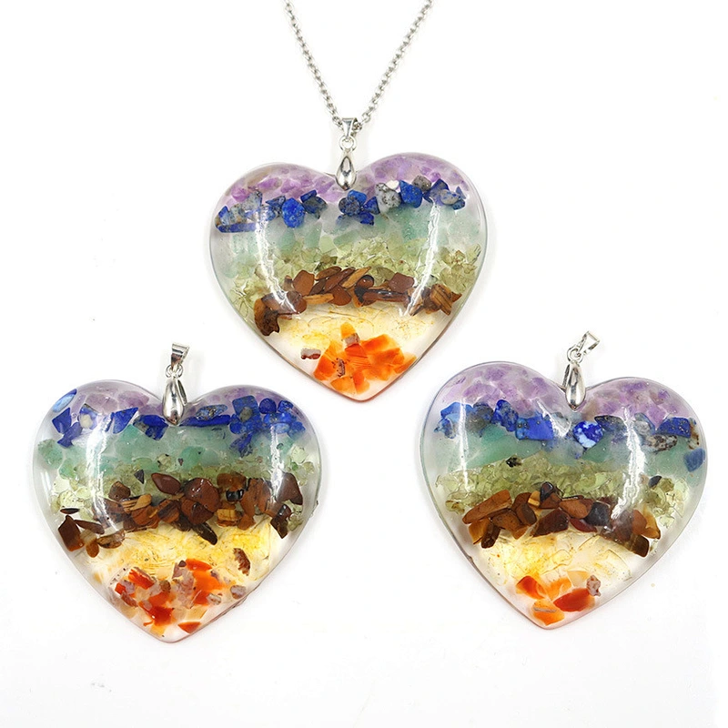 Wollet Colorful Chakra Energy Natural Crystal Crushed Stone Peach Heart Pendant