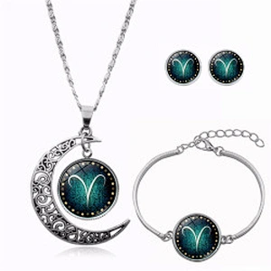 Wollet Fashion Bead Pendant Necklace Astrology Galaxy Crescent Moon Glass 12 Zodiac Necklace