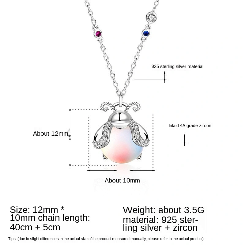 Wollet Colorful Moonstone Insect Women's Pendant Clavicle Chain S925 Silver Firefly Necklace