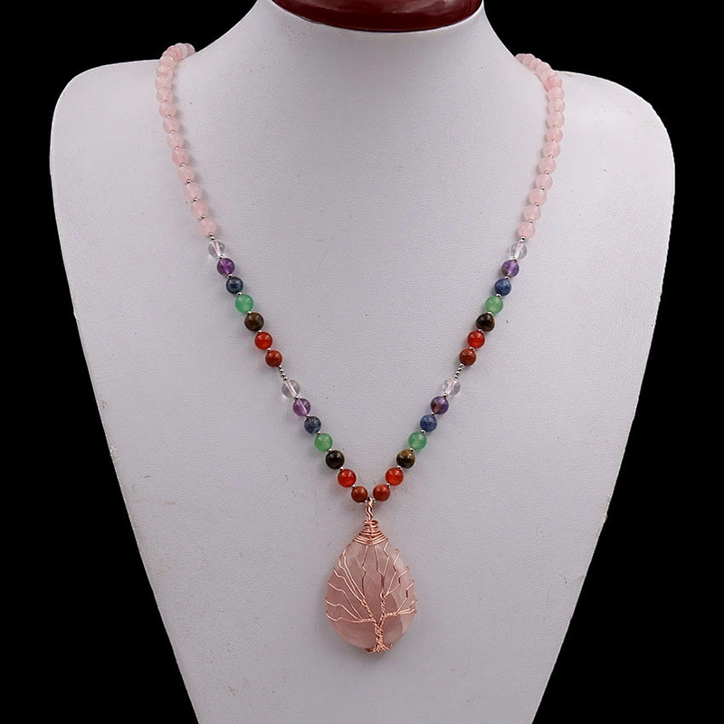 Wollet Natural Pink Crystal Rose Gold Winding Water Drops Tree of Life Pendant
