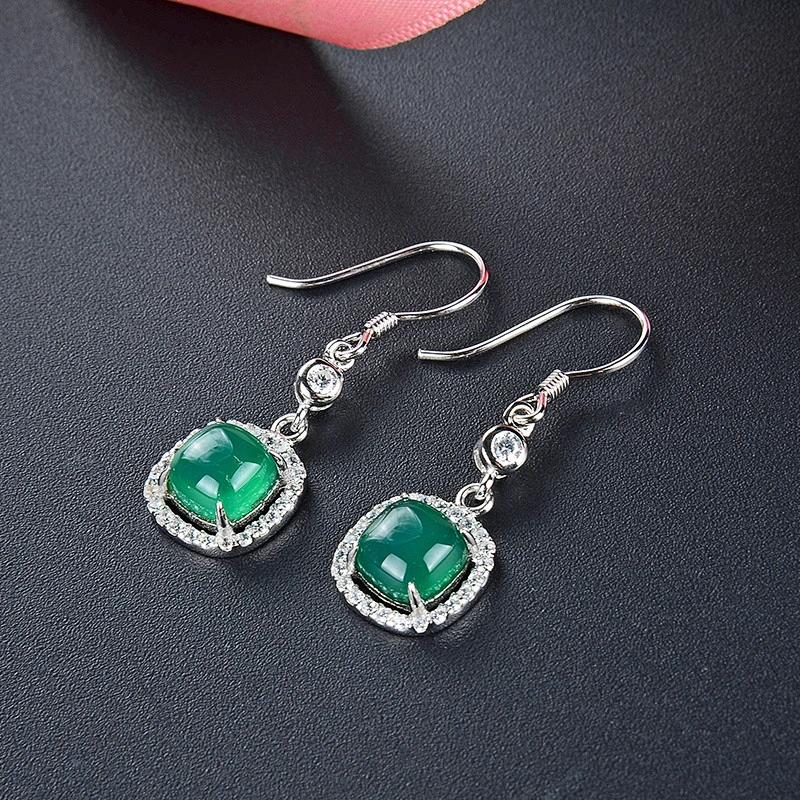 Wollet New Light Luxury Starry Sky Green Agate S925 Sterling Silver Ear Buckle Earrings