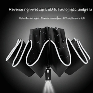 Wollet LED Light Fully Automatic Reverse Folding Umbrella with Night Reflective Strip