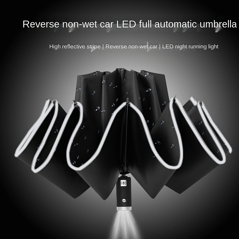 Wollet LED Light Fully Automatic Reverse Folding Umbrella with Night Reflective Strip