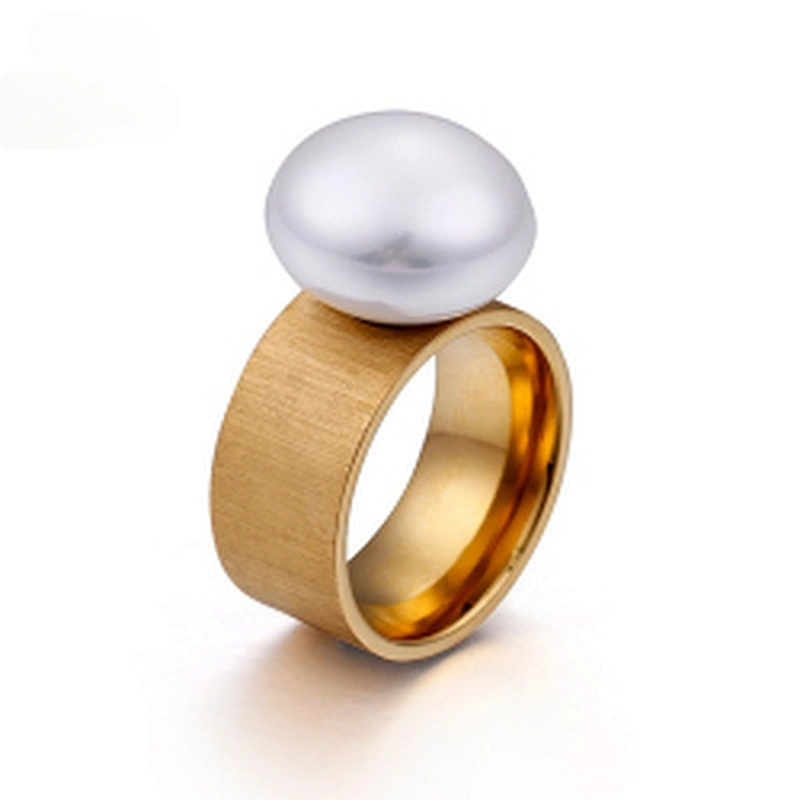 Wollet New Fashion Simple 10mm Pearl Gold Plating Stainless Steel Ring