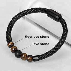 Wollet Lava Rock Tiger Eye And Magnetic Clasp Genuine Leather Bracelet For Men