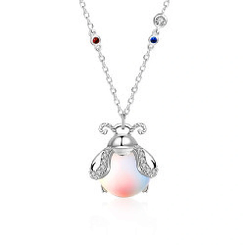 Wollet Colorful Moonstone Insect Women's Pendant Clavicle Chain S925 Silver Firefly Necklace