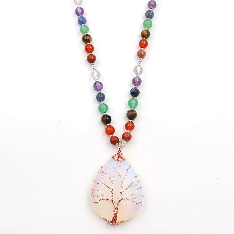Wollet New Opal Rose Gold Winding Tree of Life Colorful Chakra Bead Chain Pendant
