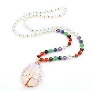 Wollet New Opal Rose Gold Winding Tree of Life Colorful Chakra Bead Chain Pendant